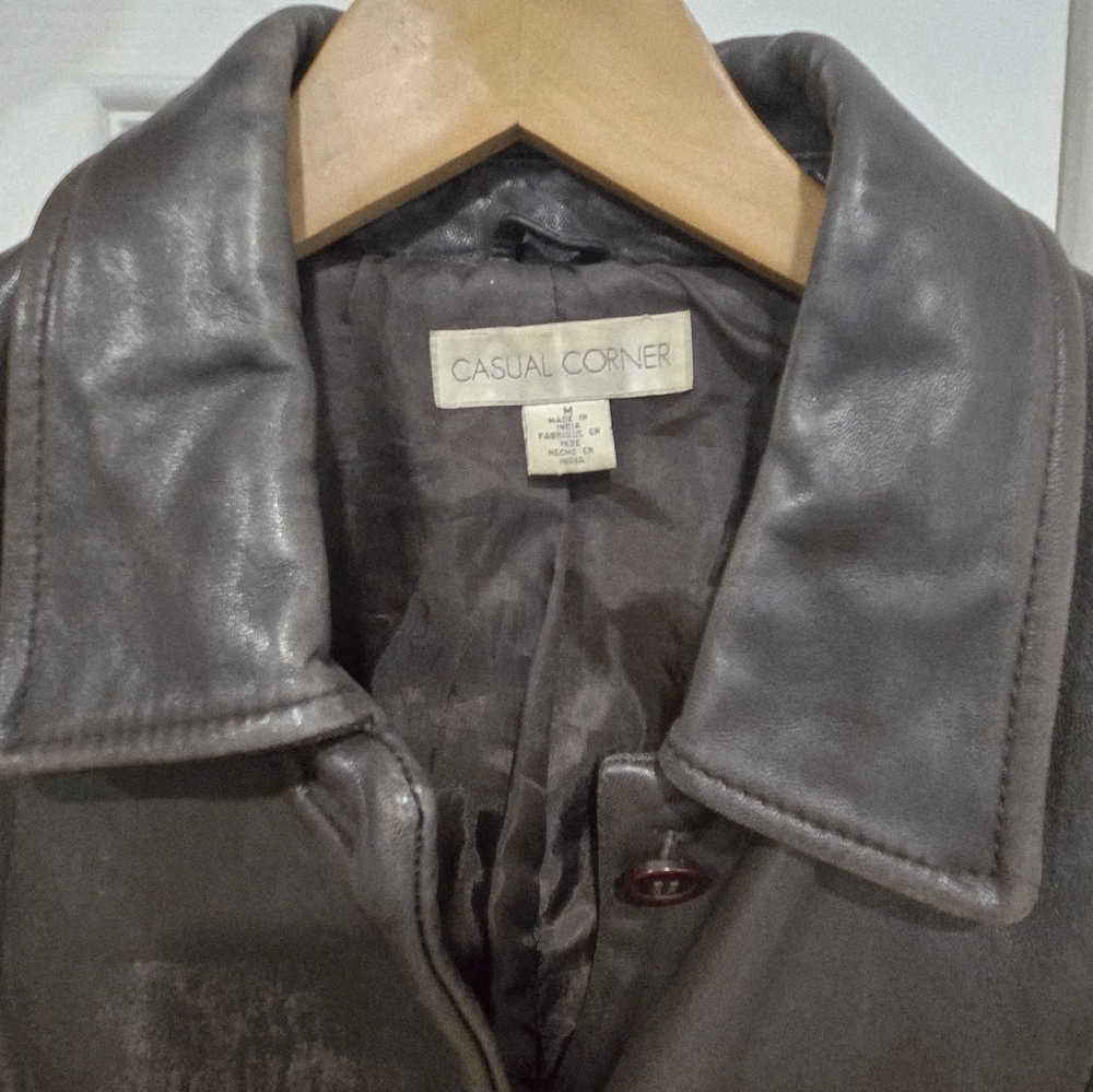 Casual Corner Dark Brown Leather Jacket with Classic Collar